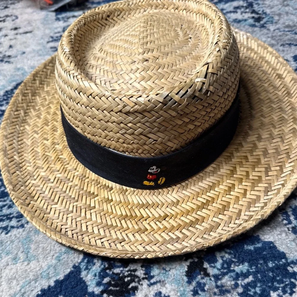 Disney Parks Mickey Mouse Natural Straw Fedora Hat Adult Tan Black RN 129855